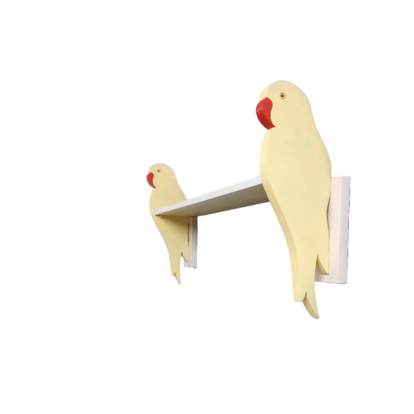 Two yellow parrot shelf brackets on a white shelf against a white wall.