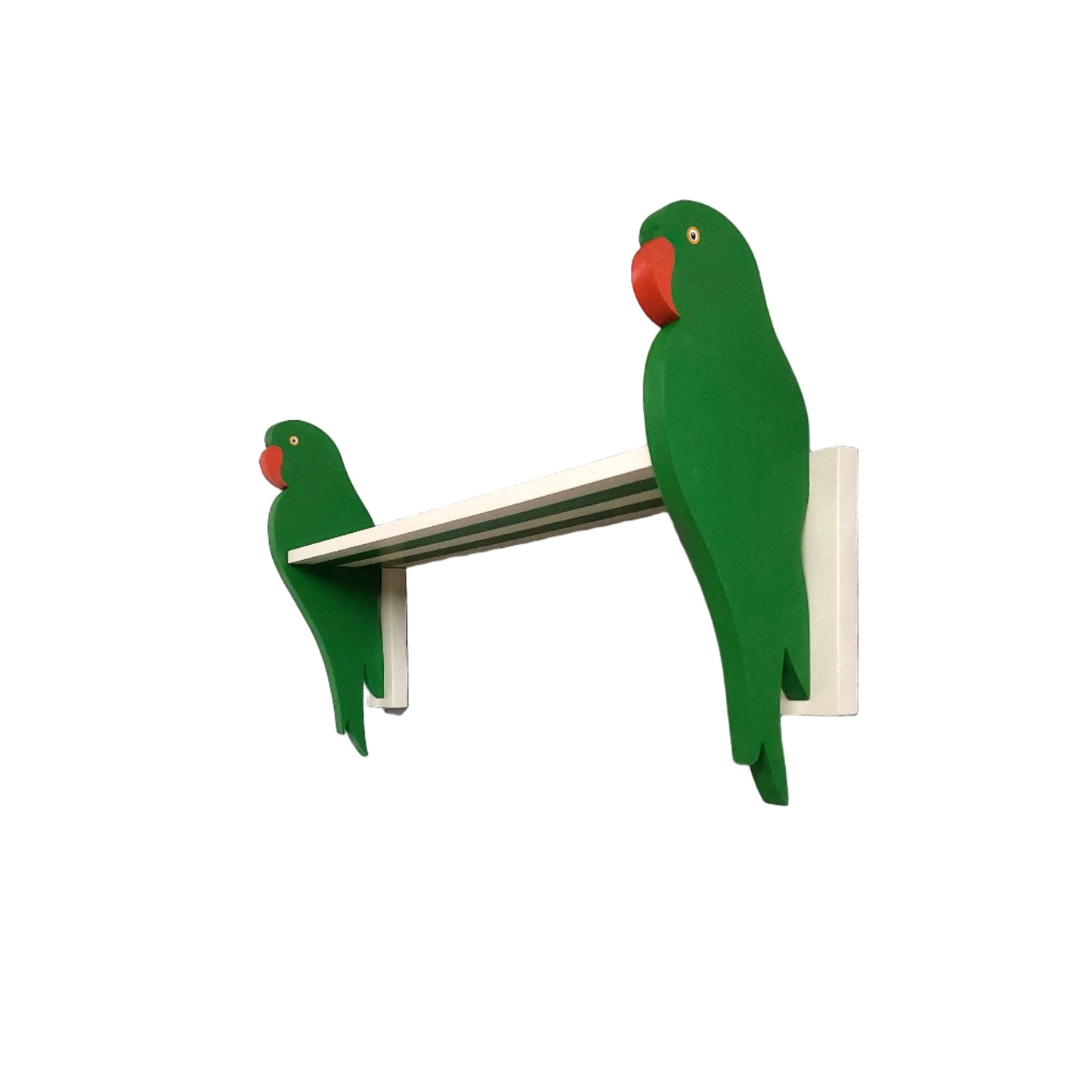 Two green parrot-shaped shelf brackets on a white wall.