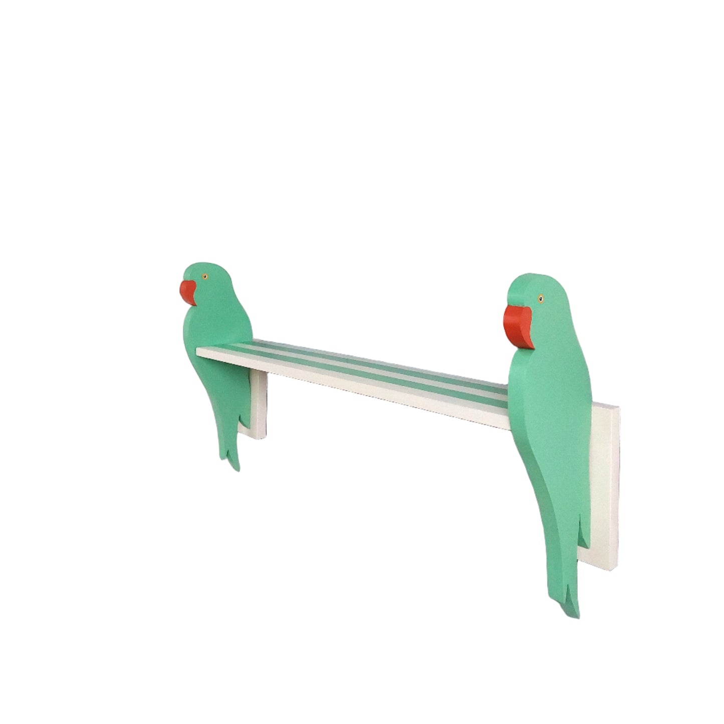 Wall-mounted shelf with green parrot-shaped end brackets on a white wall.
