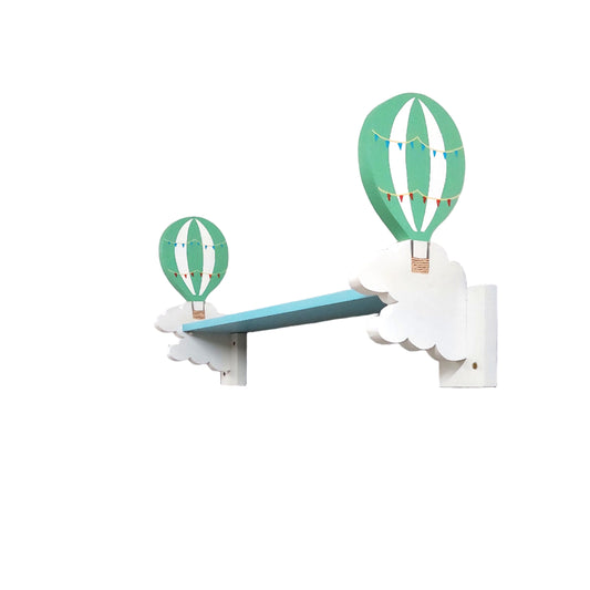 Decorative children's shelf with hot air balloon and cloud decorations on a white wall.