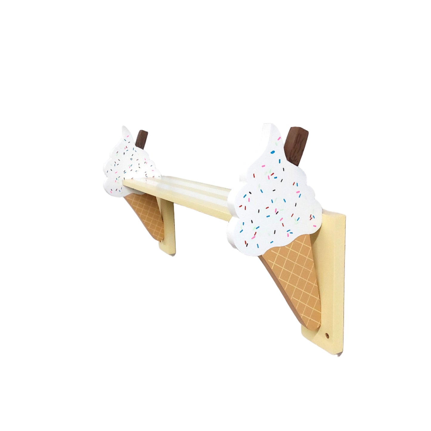 Wooden shelf with ice cream cone-shaped brackets against a white wall.