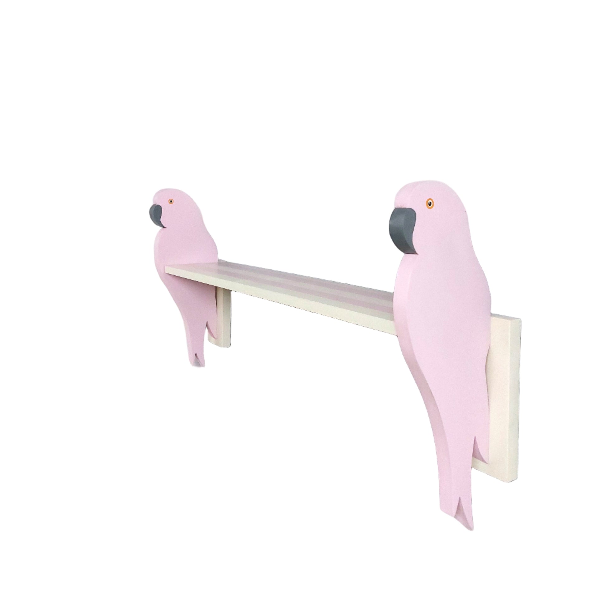 Two pink parrot-shaped shelf brackets on a striped shelf