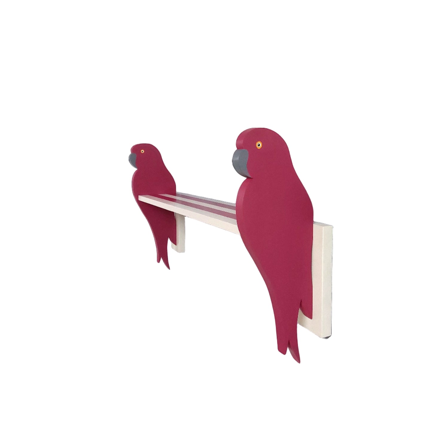 Red parrot-shaped brackets on a striped shelf