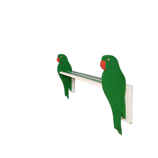 Green parrot shelf brackets on a striped shelf