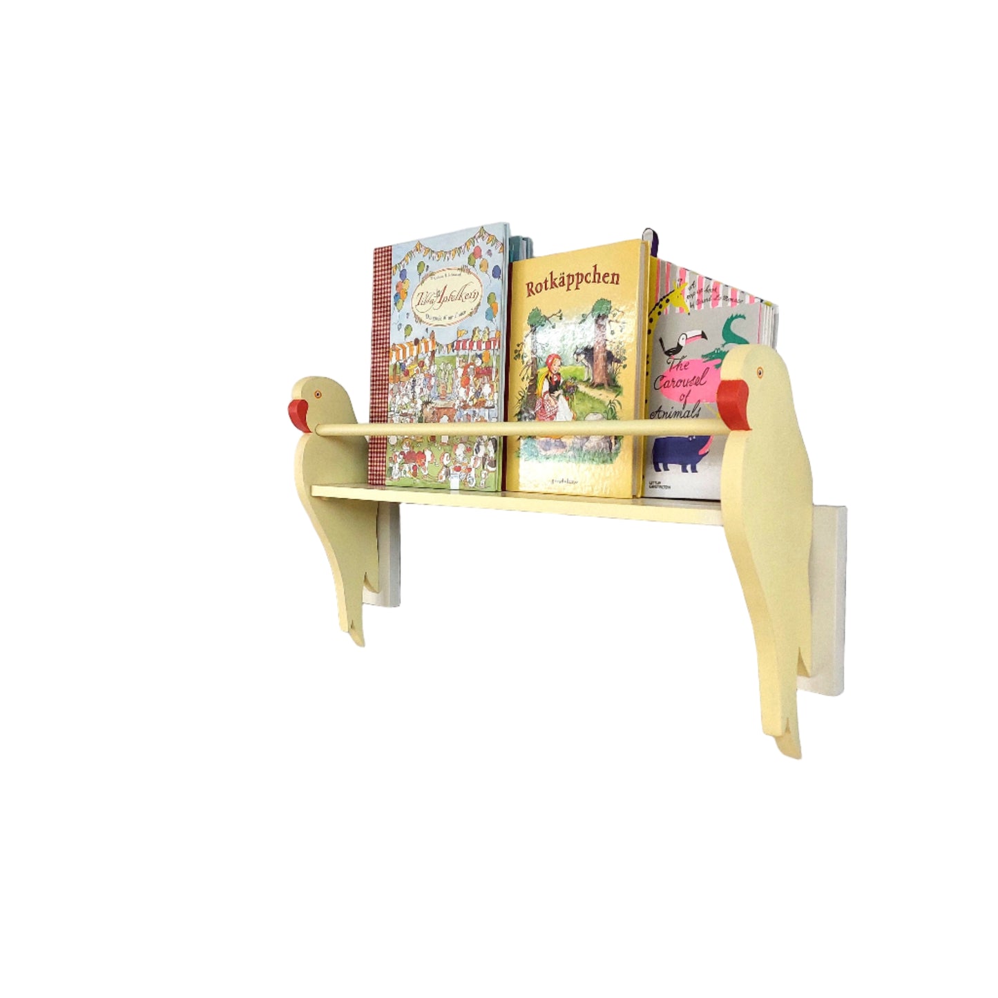 Yellow children's bookshelf in the design of a parrot against a white wall with books on it.