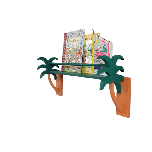 Children's bookshelf with palm tree design against a white wall
