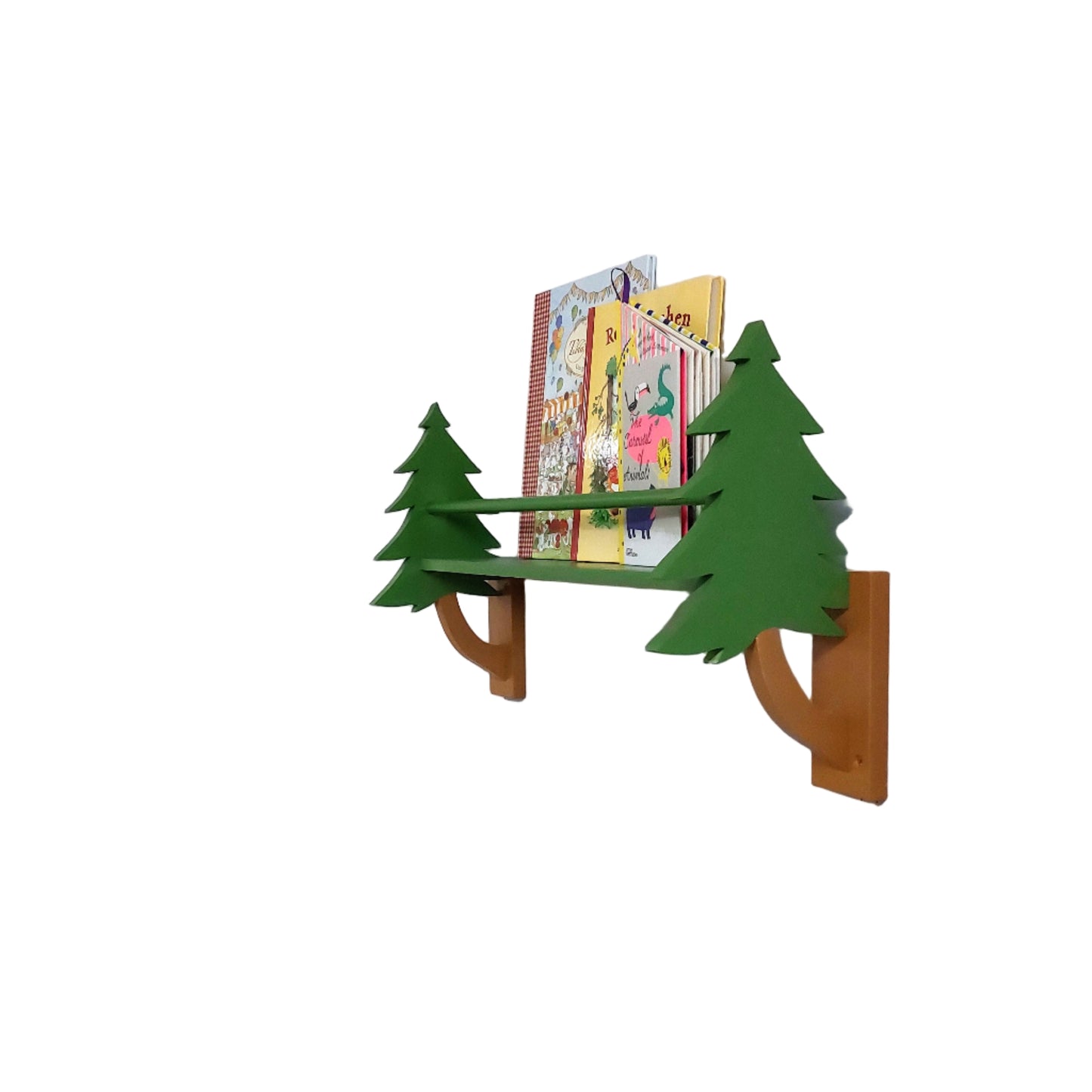 Shelf with green tree-shaped brackets on a white wall