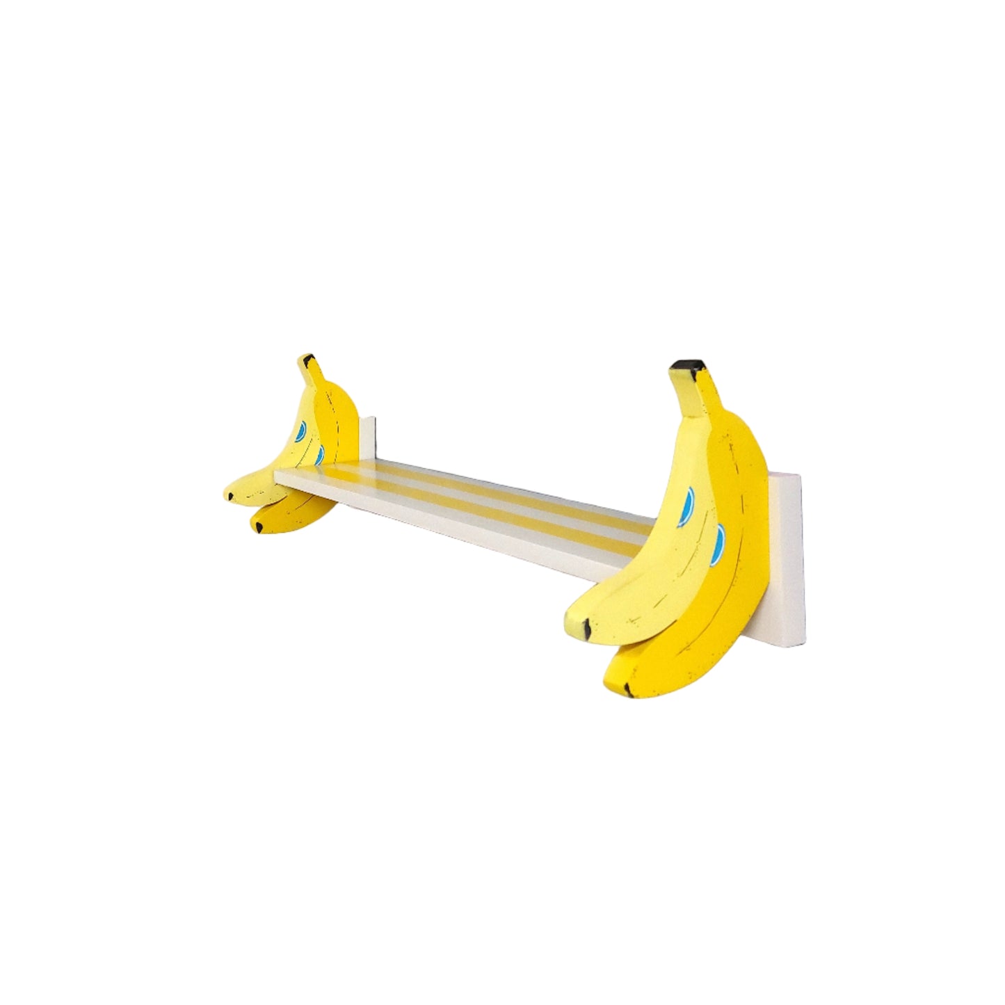 Banana shelf brackets on a striped shelf