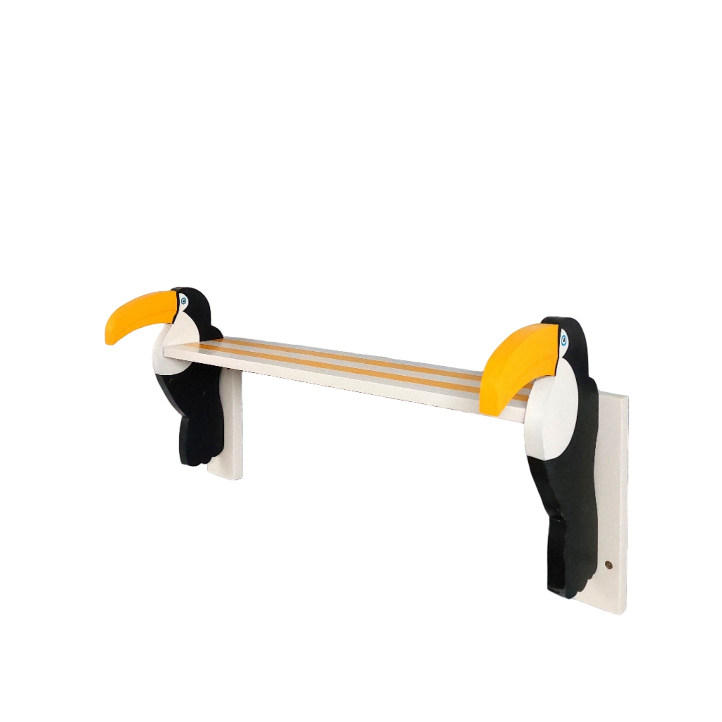 Toucan-shaped shelf mounted on a white wall