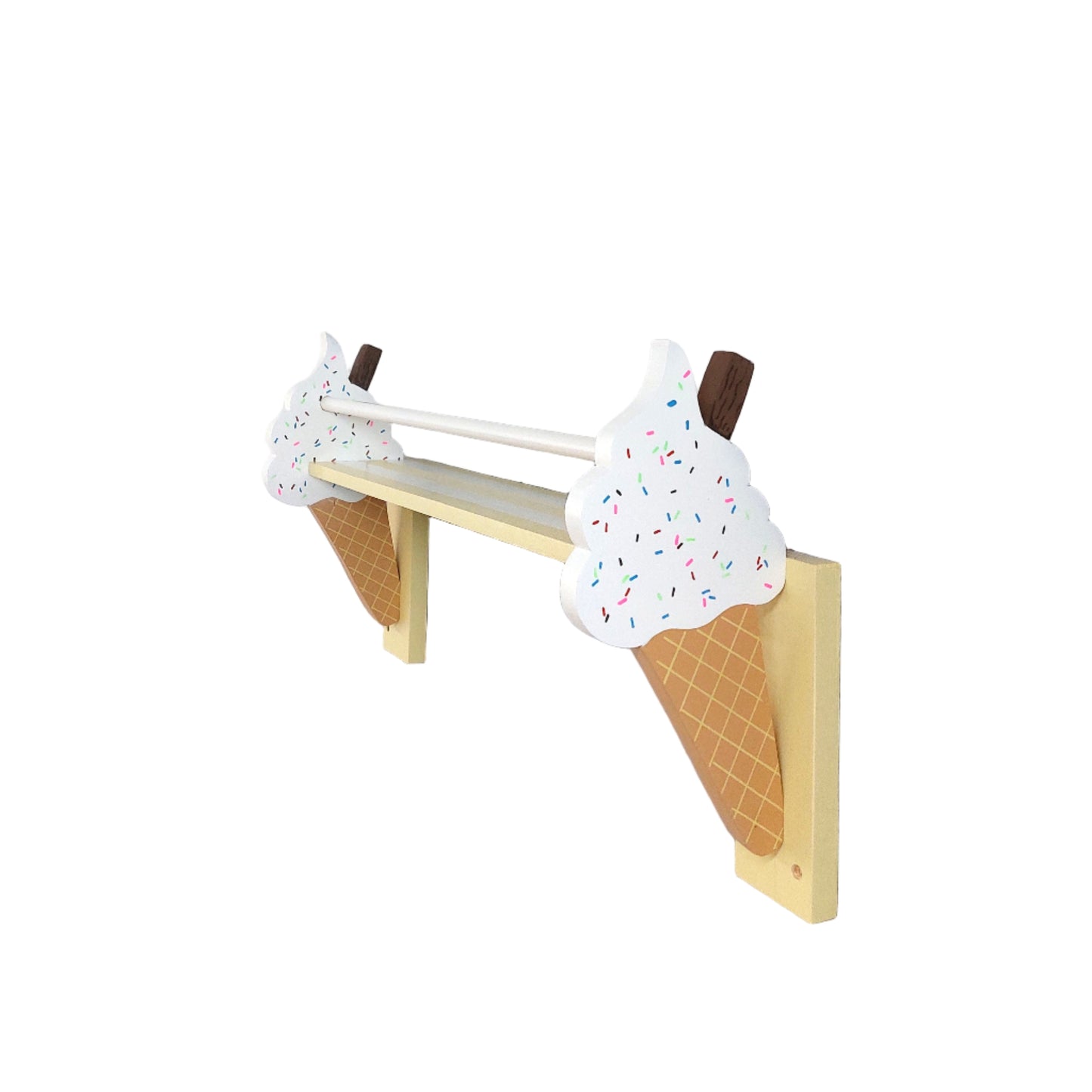 Ice cream cone-shaped bookshelves with decorative items on a white wall.