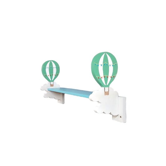 Wall-mounted children's bookshelf with hot air balloon design on a white background