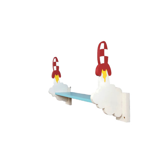 Children's shelf with rocket-shaped brackets on a white wall