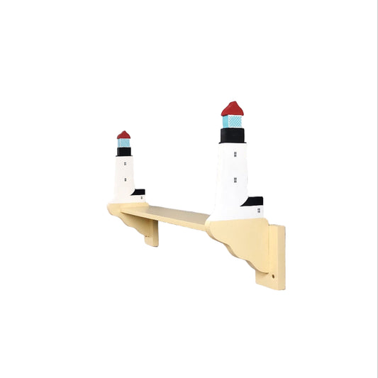 Wooden shelf with lighthouse brackets on a white wall.