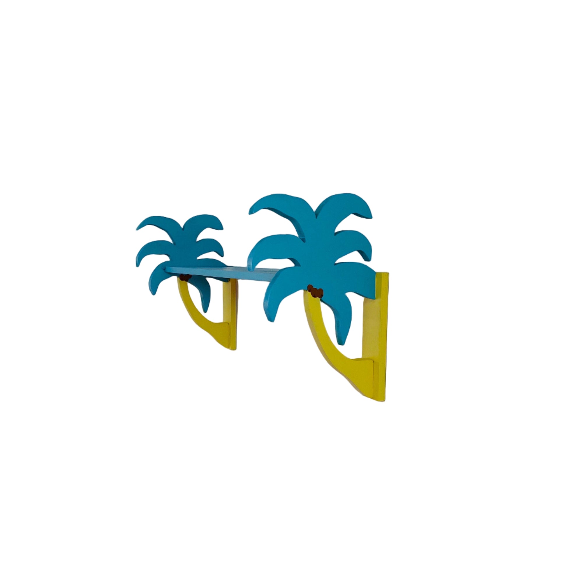 Blue and yellow palm tree shelf mounted on a white wall
