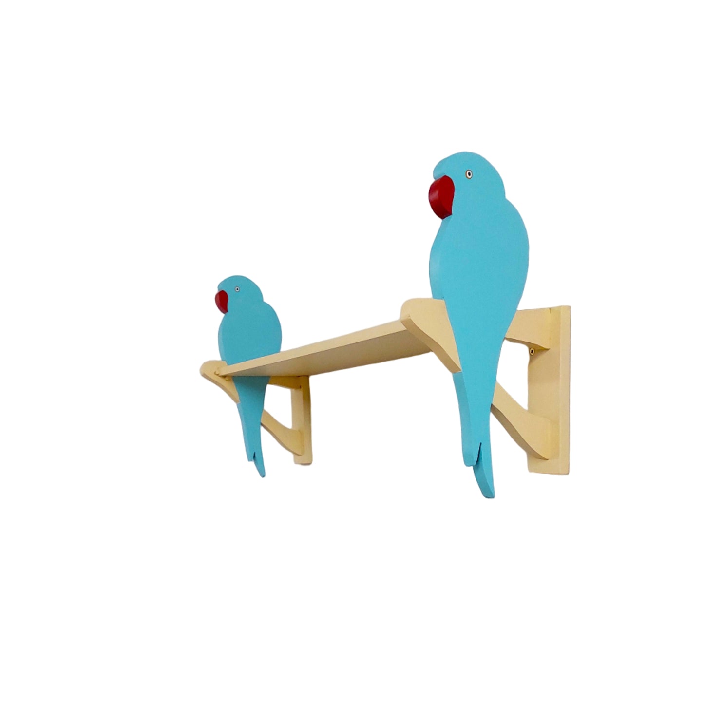 Two blue parrot-shaped shelf brackets with a wooden shelf against a white wall.