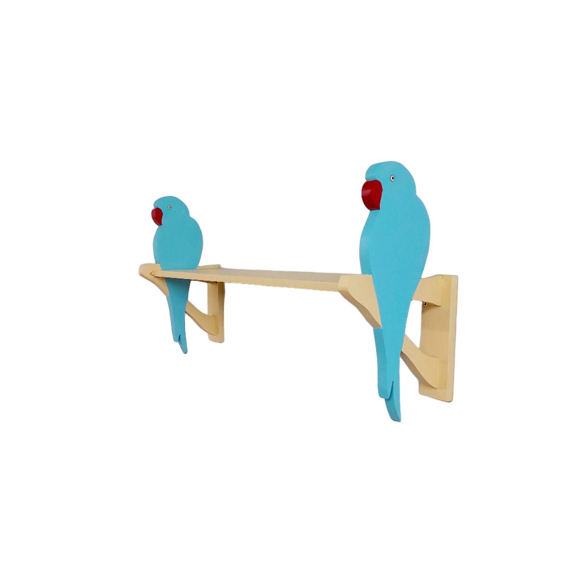 Two blue parrot-shaped shelf brackets on a white wall.