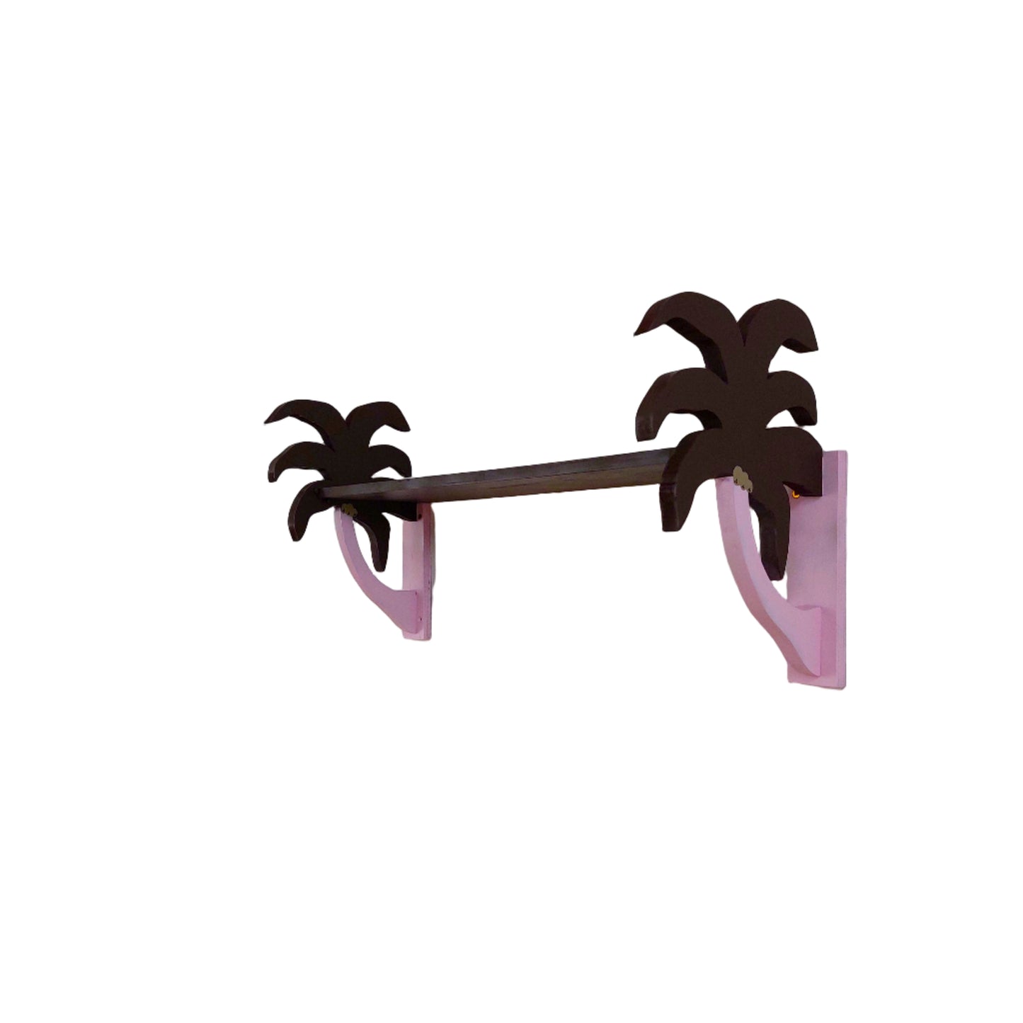 Wooden shelf with palm tree brackets on a white wall