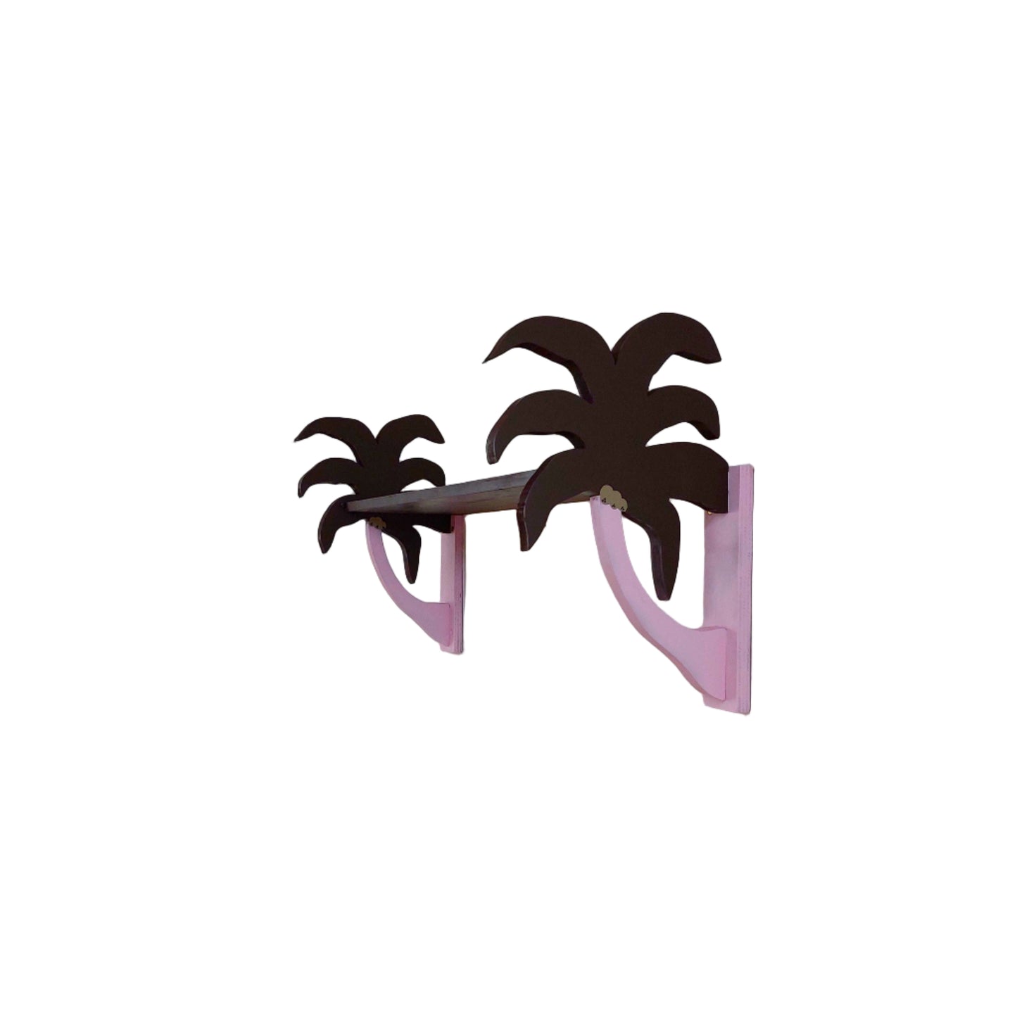 A decorative brown and pink wall shelf in the shape of a palm tree