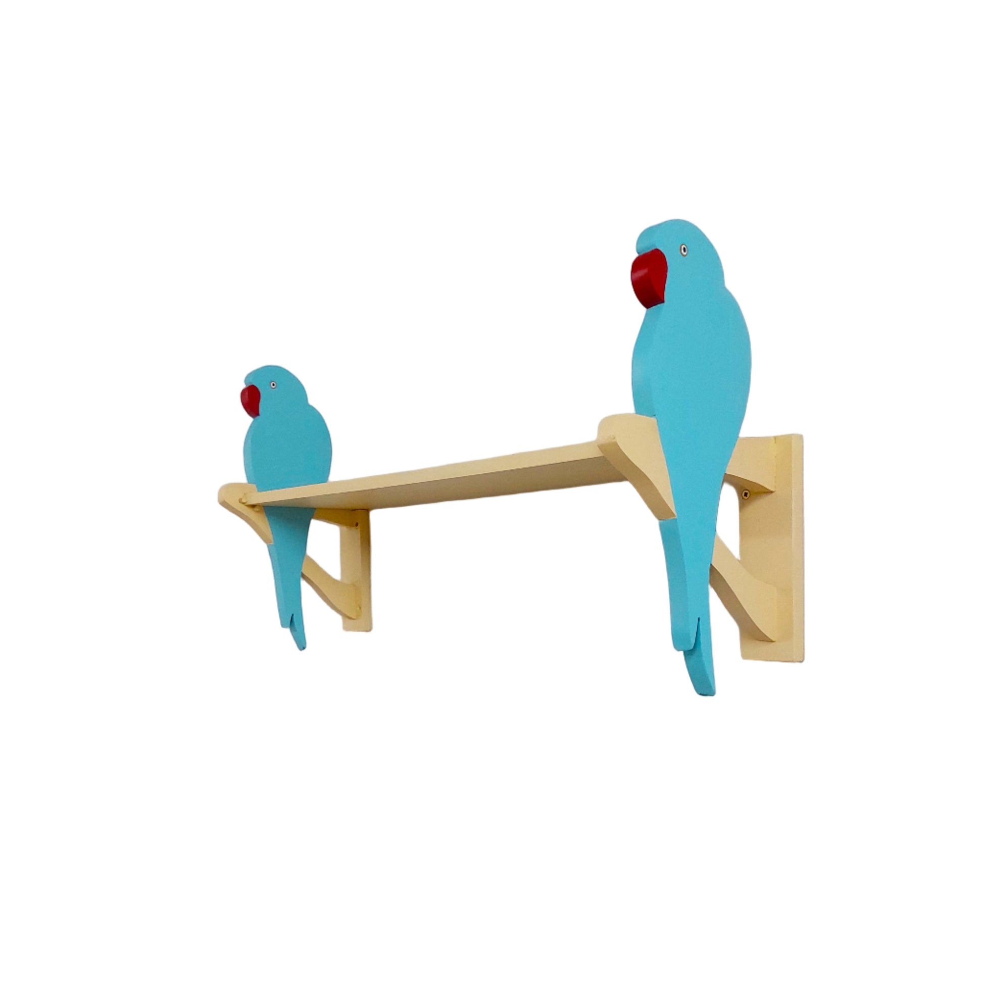 Wooden shelf with blue parrot-shaped decorations on a white wall.