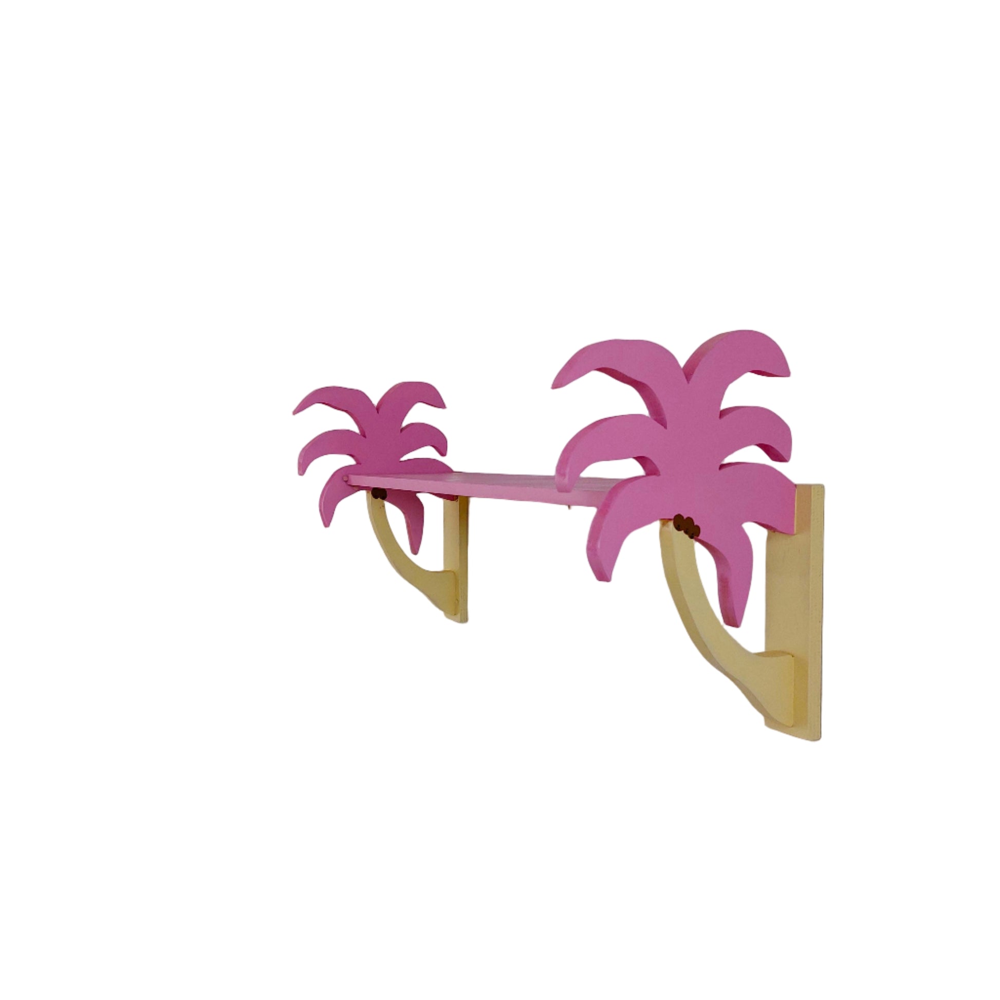 Pink palm tree shelf brackets on a white wall