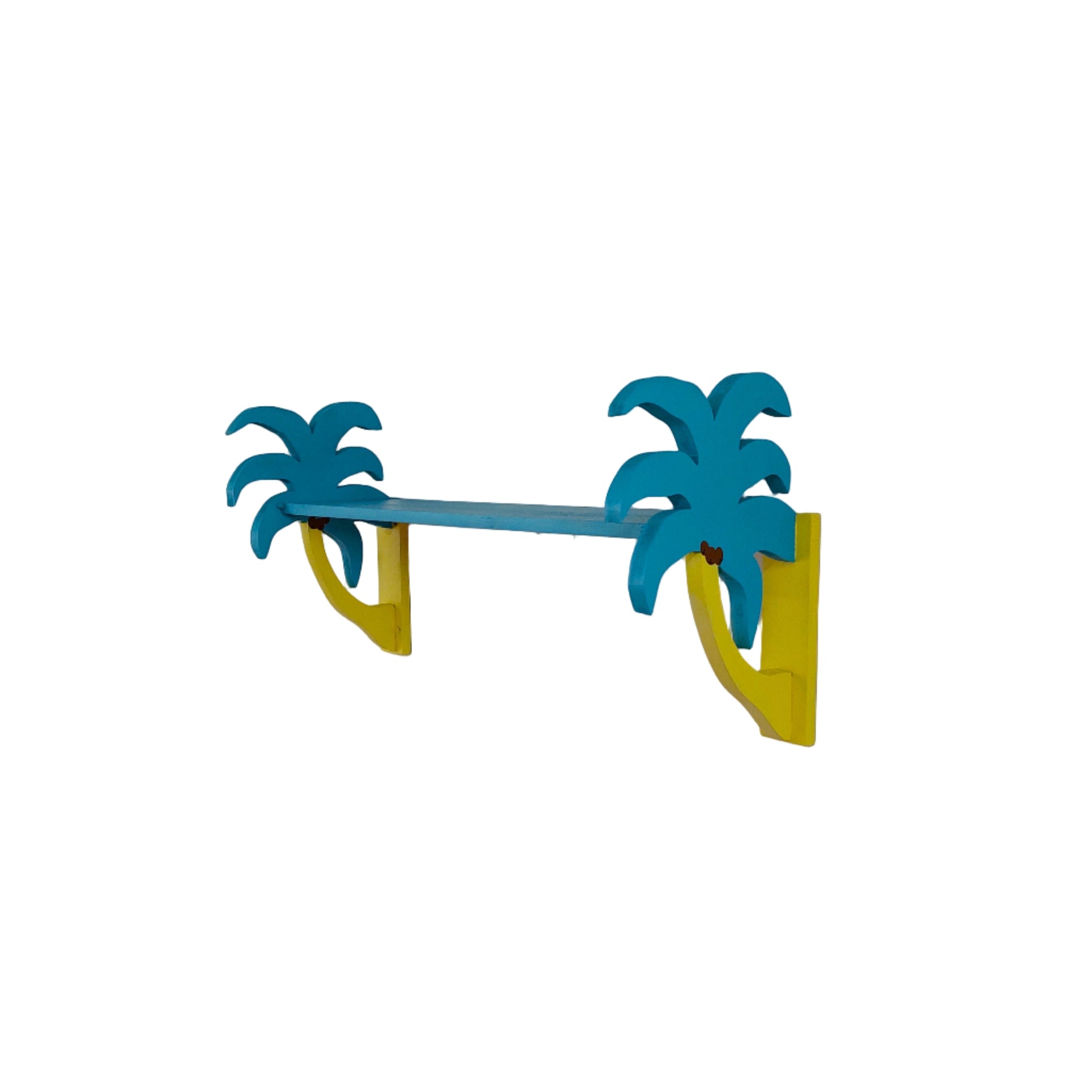 Blue shelf brackets in a palm tree design on a white wall.